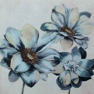 Blue poppies painted on a canvas.