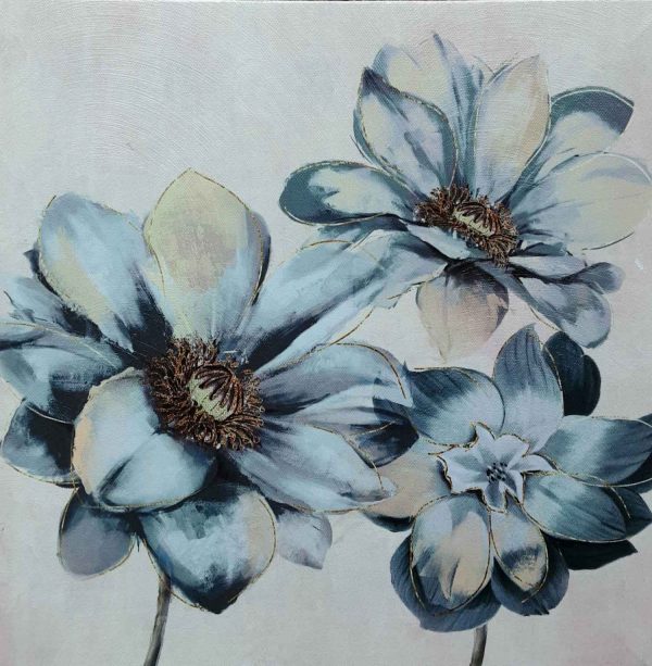 Blue poppies painted on a canvas.