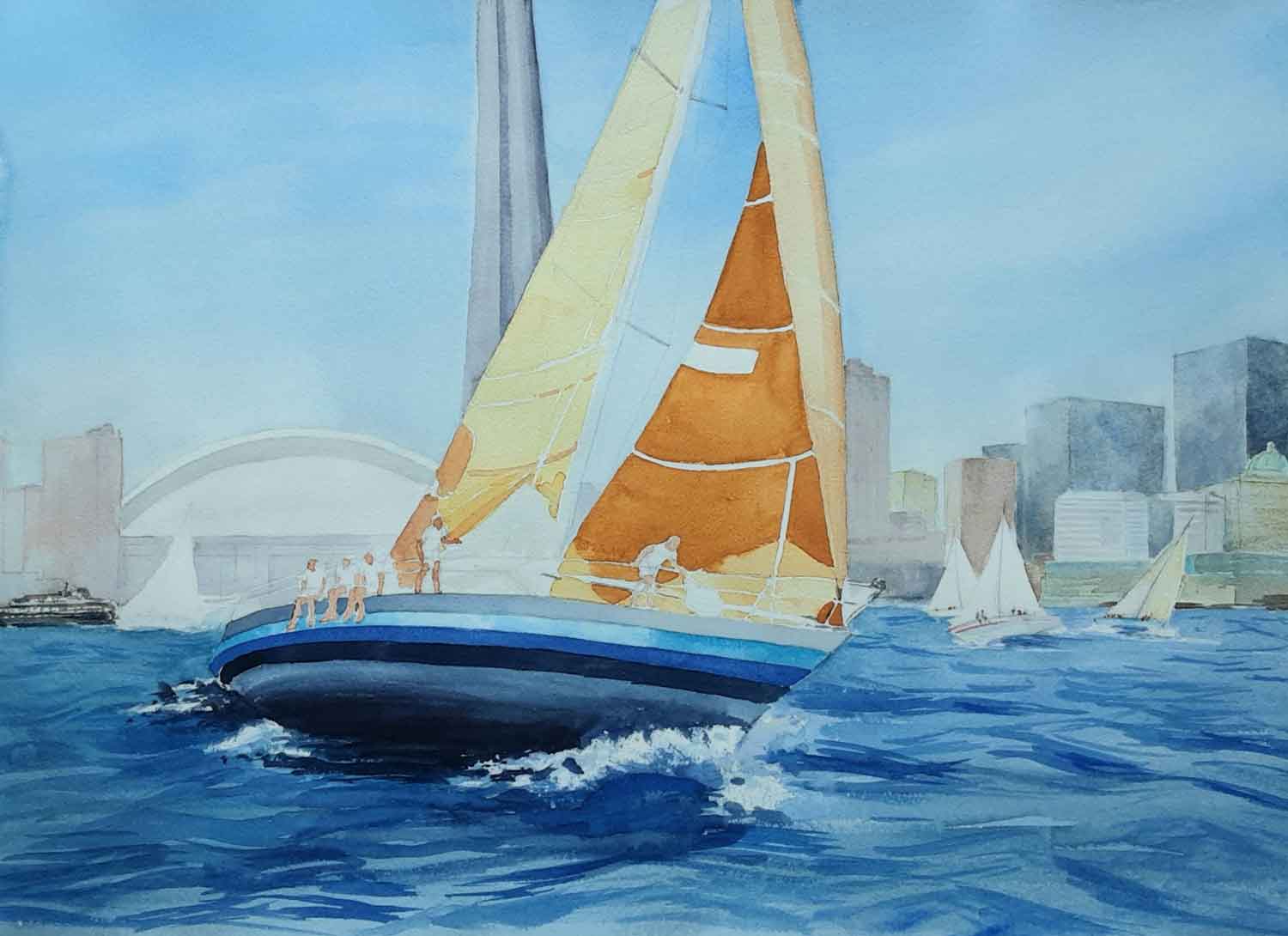 Sail boat painting with a yellow sail.