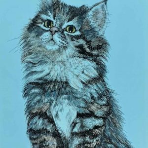 Grey kitten with yellow eyes painting.