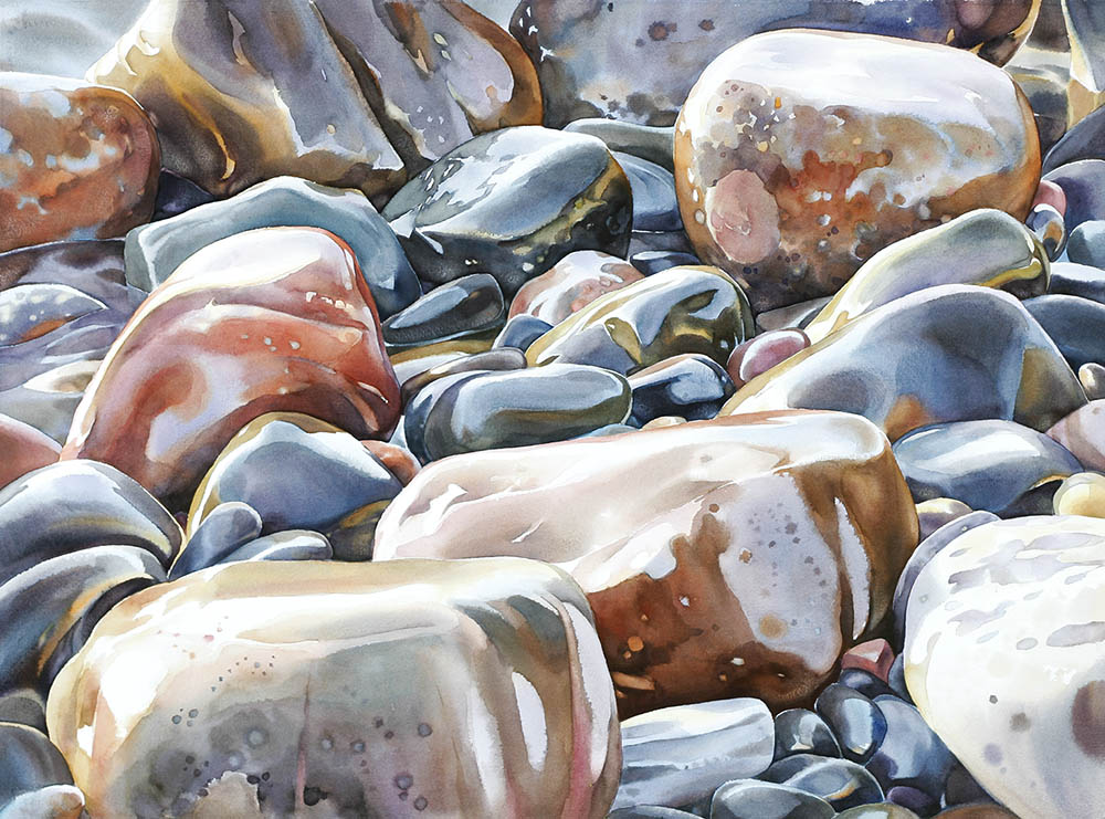 Painting of many different rocks on a shore.